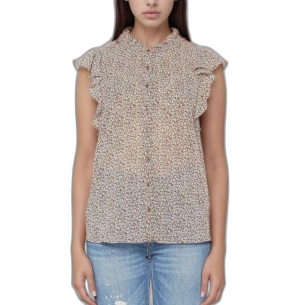 Pleione Women's NWOT Beige Floral Ruffle Cap Sleeve Button-Front Blouse Size XL